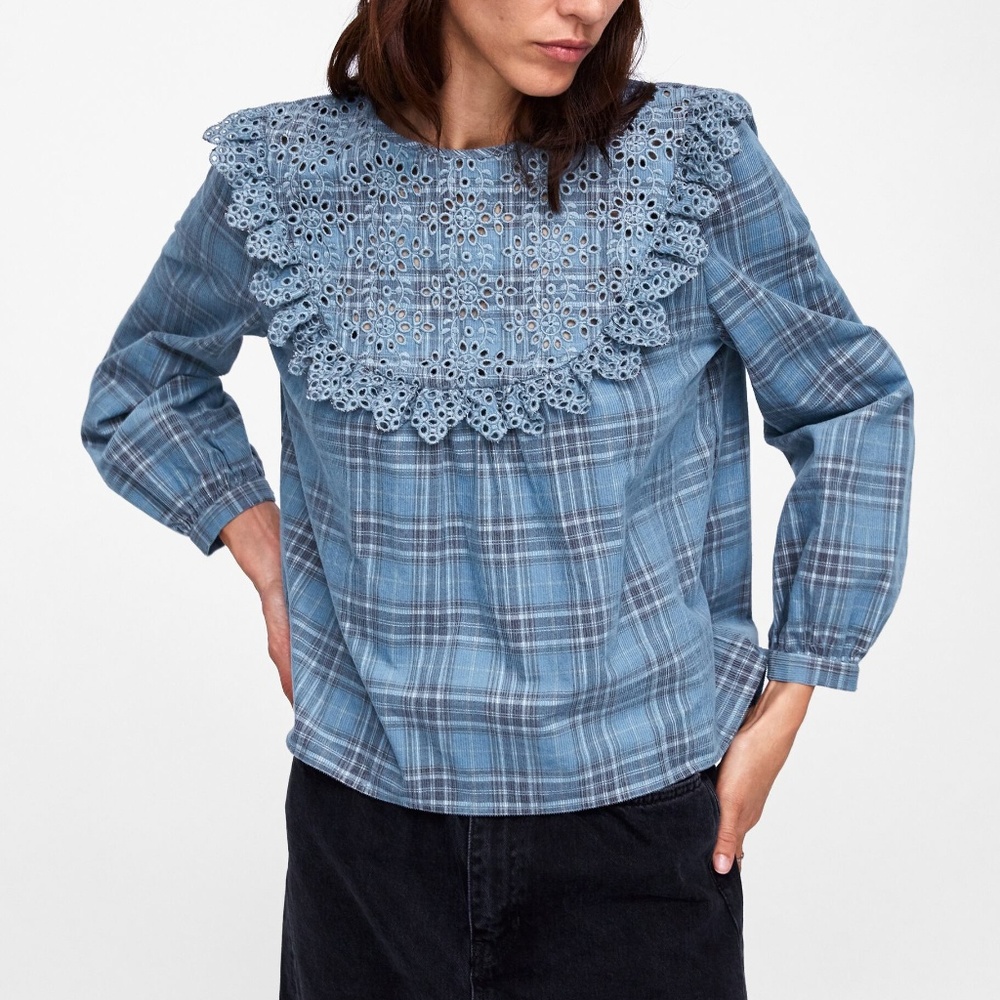 Zara Blue Plaid Blouse with Eyelet Bib